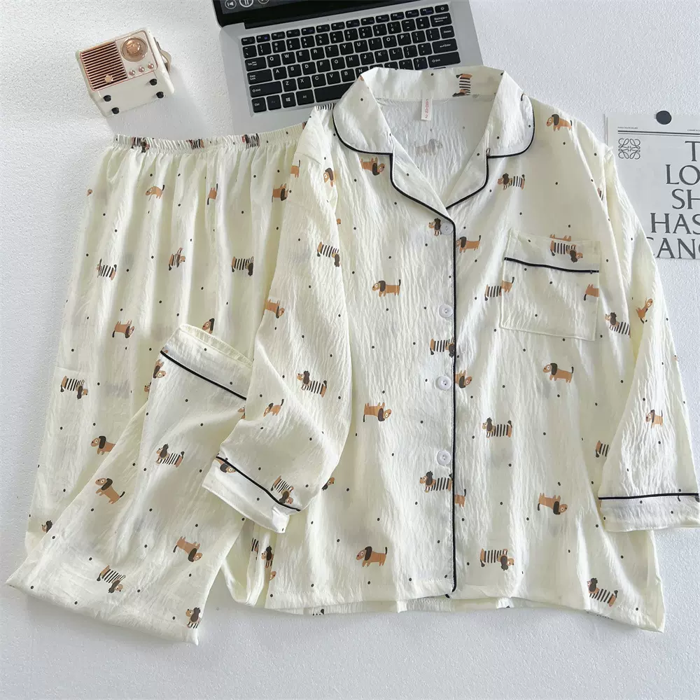 跨境外贸爆款春秋睡衣女云朵棉开衫翻领长袖长裤卡通家居服女套装