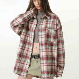 zj826国潮美式复古「撞色格纹格子衬衫」春季长袖衬衣外套