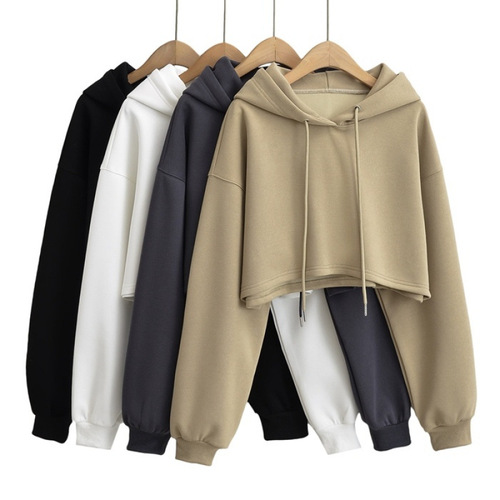 2025 autumn new white American short hooded sweater for women with a loose design, bare navel long-sleeved top for women.