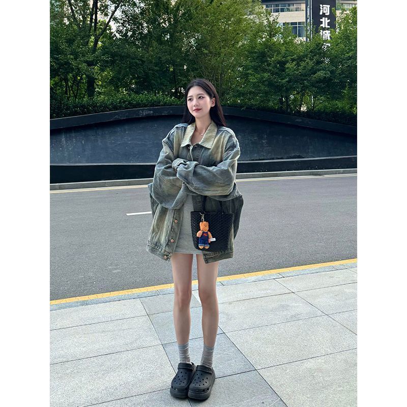 美式复古炸街牛仔外套女秋季新款宽松设计感水洗做旧工艺上衣质感|undefined