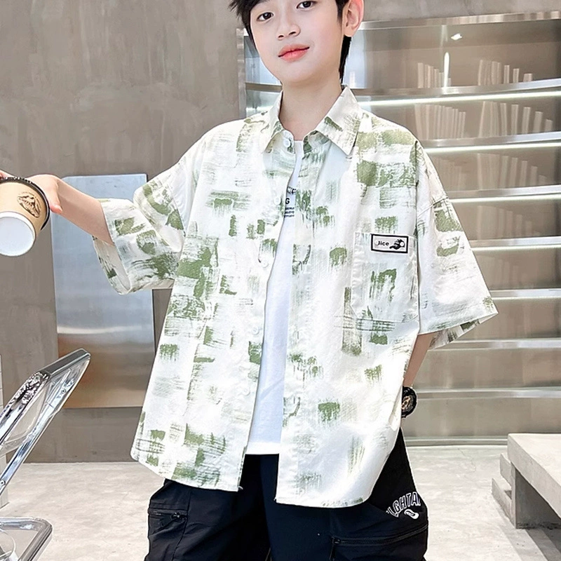 Летний костюм-рубашка для мальчиков и девочек 2025, новый летний комплект для детей среднего и большого размера, модная короткая рубашка и жилет