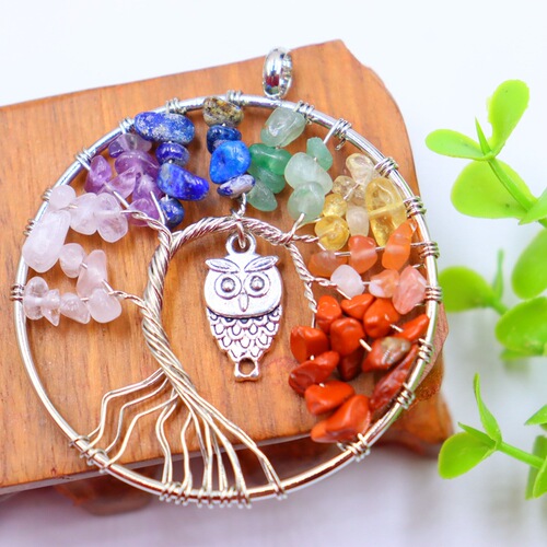 Amazon natural crystal gravel winding colorful tree of life pendant necklace natural stone money tree dream catcher pendant