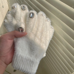 千禧年y2k辣妹閃鑽重工獺兔毛加絨手套女日系保暖加厚五指手套女