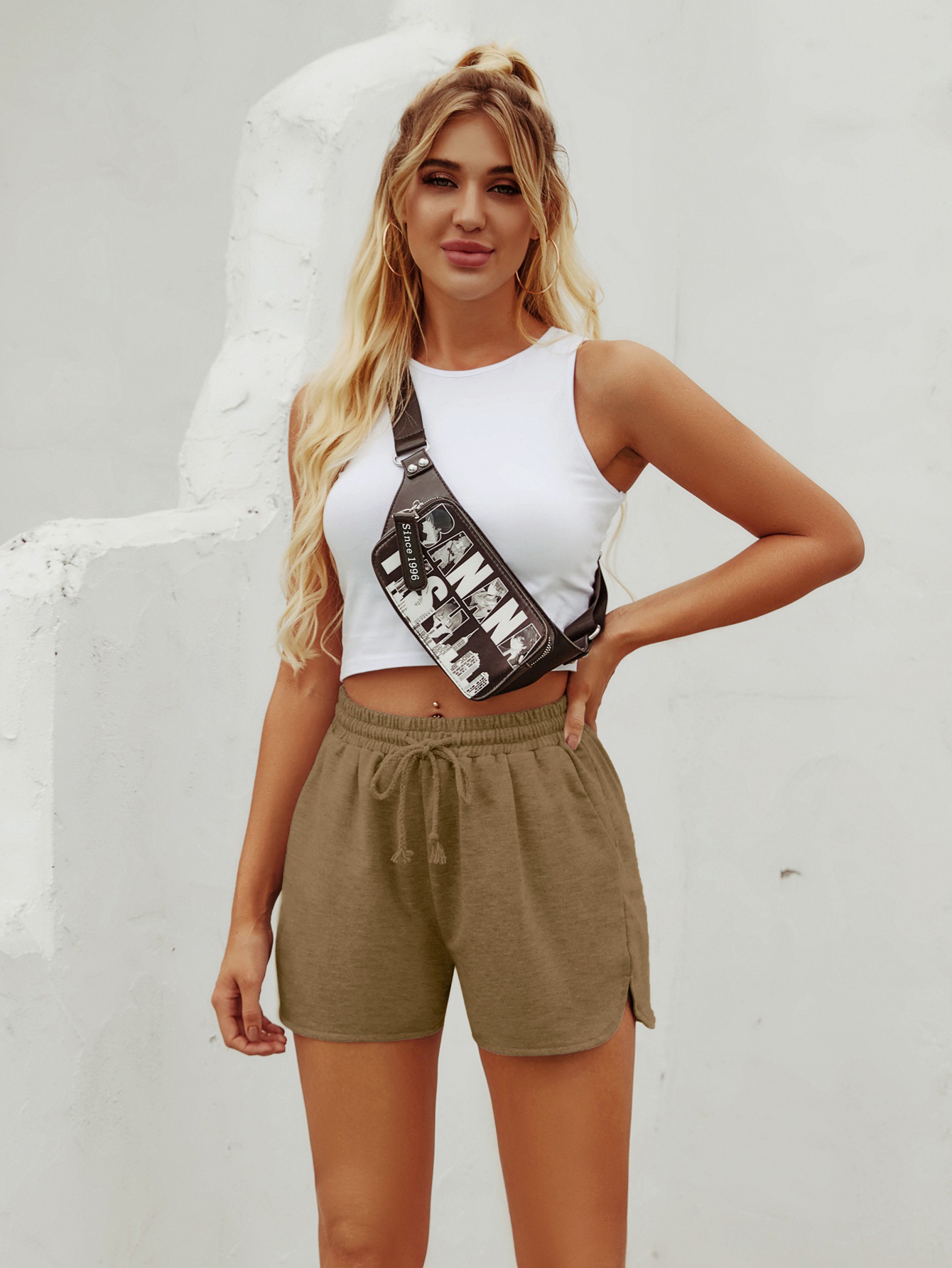 casual high waist straight drawstring shorts NSJM64517