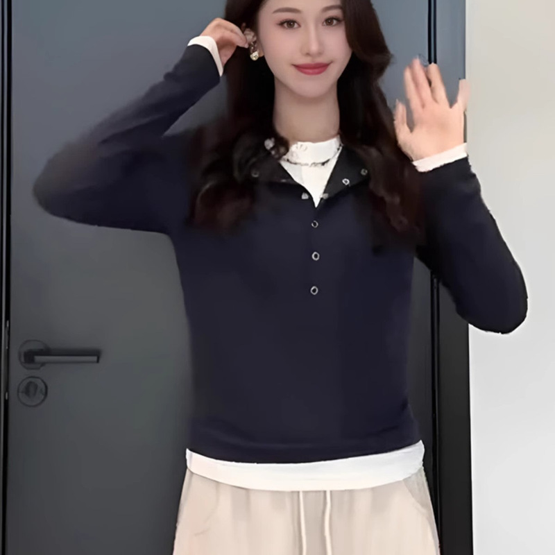 2025 春ヘンリーカラー黒偽ツーピース長袖 Tシャツ女性のための春スリムボトリングシャツトップ|undefined