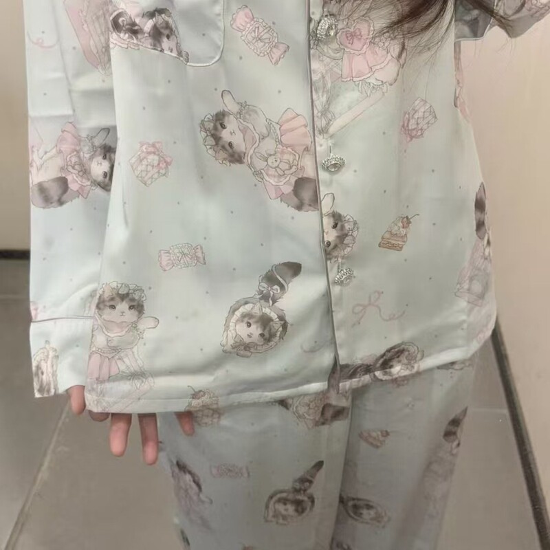 Cute Kitten Pajamas for Women, Ice Silk Long-Sleeved Pants, Sweet Home Clothes, Loose Wide-Leg Spring and Autumn New Suits