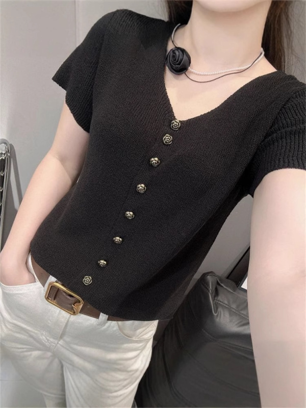 女性用の新しい夏のトップス、女性用の半袖Vネックニットカーディガン、アイスシルクヨーロピアンスタイル、スリムで多用途な無地のシャツ|undefined
