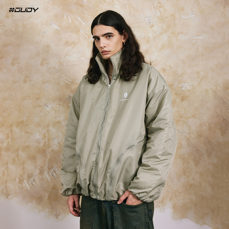 # OVDY invierno Chaqueta de algodón acolchado de los hombres de moda de los hombres de costura multi-cremallera diseño bordado pequeño logo chaqueta de la chaqueta de vuelo