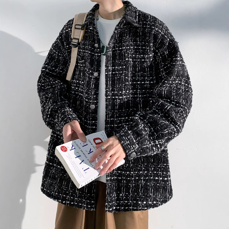 Tweed Chanel Style Plaid Jacket Men's Spring and Autumn Winter High-end Sense Loose Casual Boys Lasel Jacket