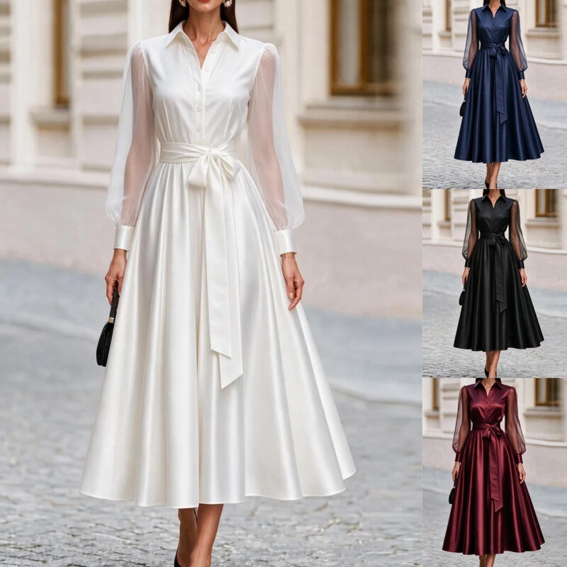 European and American cross-border Amazon women's mesh long-sleeve dress, A-line long gown for formal occasions and evening wear