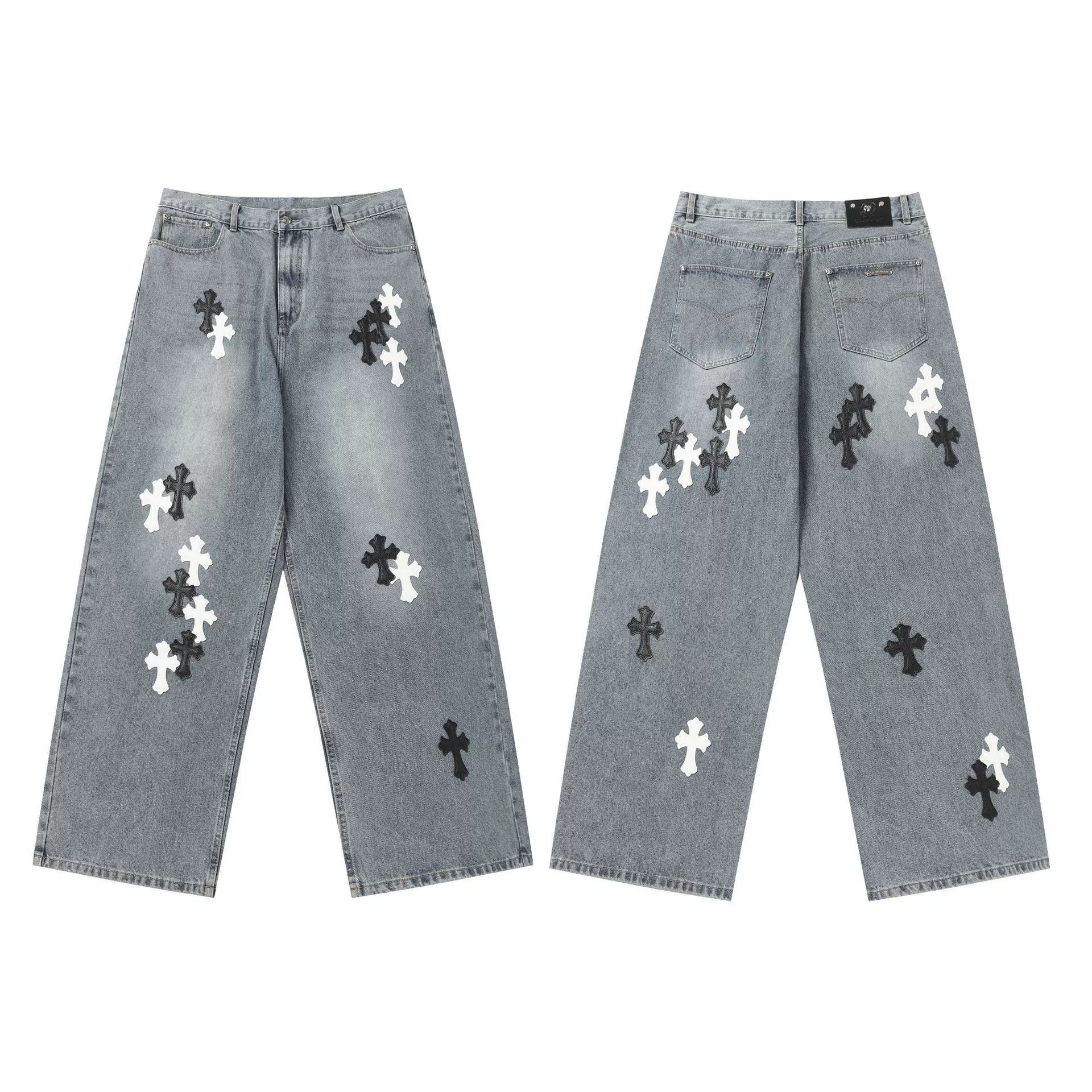 Исправленная версия джинсов с нашивкой крестом Chrome Hearts Croix, вышитые, выстиранные, оптом, дропшиппинг