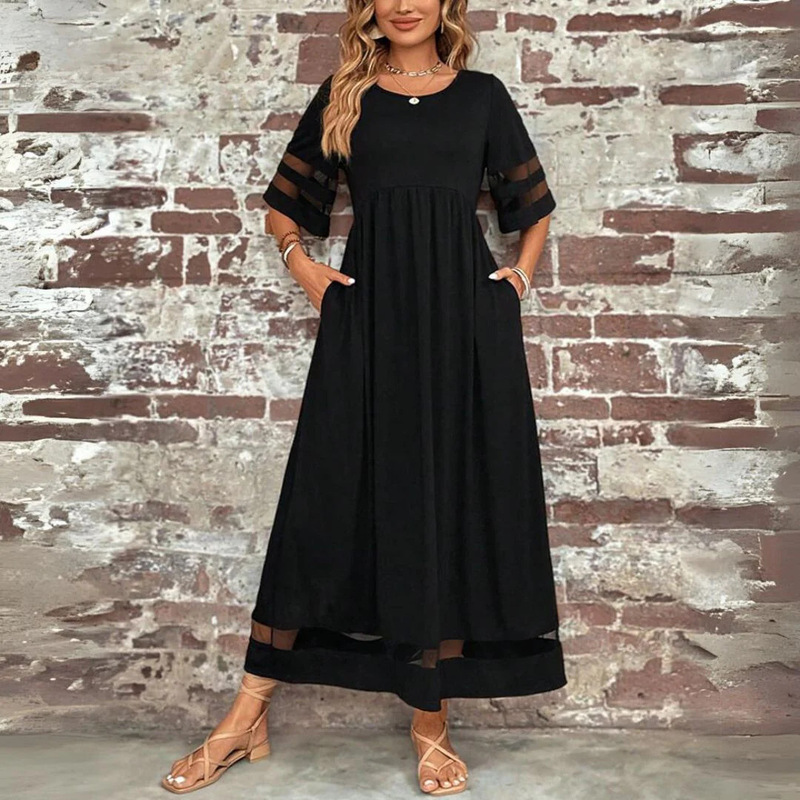 Cross-Border Foreign Trade New Hot-Selling Plus-Size Women's Dress with Five-Quarter Sleeves, Mesh Round Neck, and Patchwork Pockets Cross-Border Foreign Trade New Hot-Selling Plus-Size Women's Dress with Five-Quarter Sleeves, Mesh Round Neck, and Patchwork Pockets