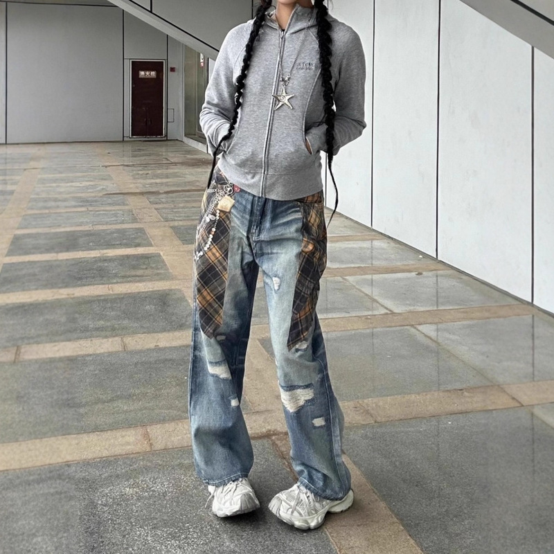 American Street Retro Design Plaid Shirt Printed Jeans Men's Niche Loose Straight Casual Trousers Trendy