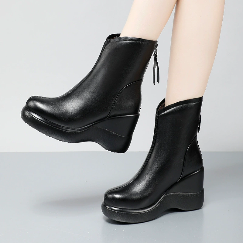 Оптовые женские ботинки-мартинсы на танкетке для трансграничной торговли, осенние женские ботинки, зимние 2024 года на флисовой подкладке, на высоком каблуке, на толстой подошве, с задней молнией, хлопковые