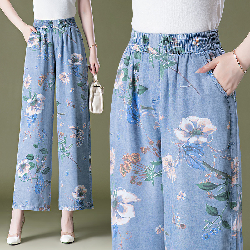 9258 Tencel Jeans, Nine-Point Length, Printed, Chinese Style, for Middle-Aged Women, Plus Size, Elastic Waist, Wide-Leg, for Middle-Aged and Elderly, Summer