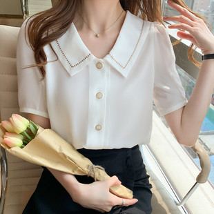 Q1E Popular French Shirt Women's Design Niche Light Mature Style Top 2024 Summer New Loose Short-Sleeved Snow