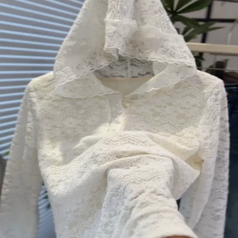 Сексуальный кружевной трикотаж с капюшоном для женщин, новинка 2025 года, модная повседневная многослойная толстовка на флисовой подкладке