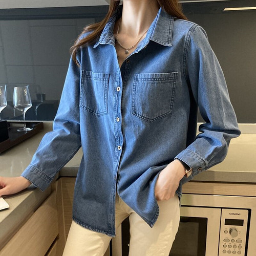 Deep Blue Retro Full-Sleeve Hong Kong Style Soft Denim Shirt for Women - New Spring 2025 Collection - Small Size Top