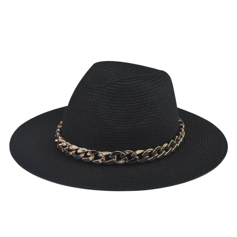 Comercio exterior transfronterizo Four Seasons Sombrero de paja de cadena grande de oro Cadena de sombrero de paja de Jazz de ala grande Sombrero de paja de tapa plana