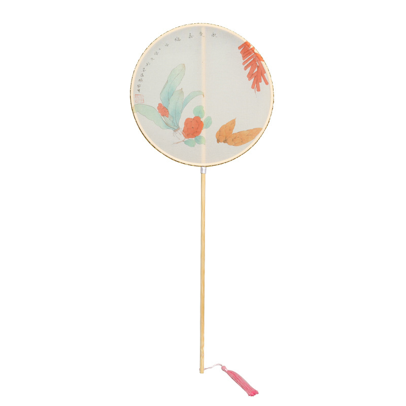 Ventilador de la cintura estilo antiguo hanfu ventilador de impresión al por mayor cheongsam ventilador de la cintura mango largo borla rizado ventilador colgante mango largo ventilador de bambú púrpura