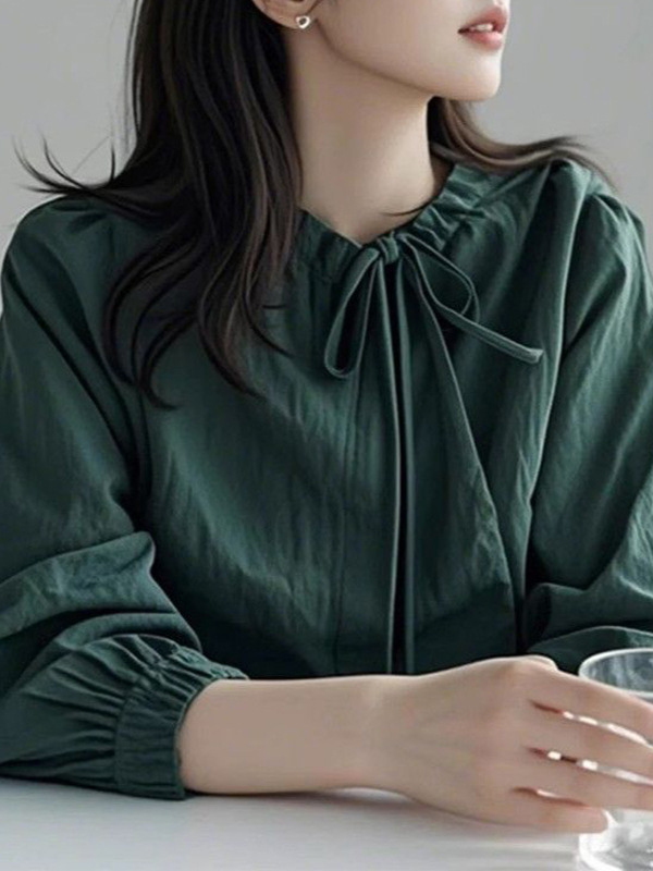 绿色蝴蝶结系带衬衫女高级感轻奢减龄洋气复古港风多巴胺穿搭上衣|undefined