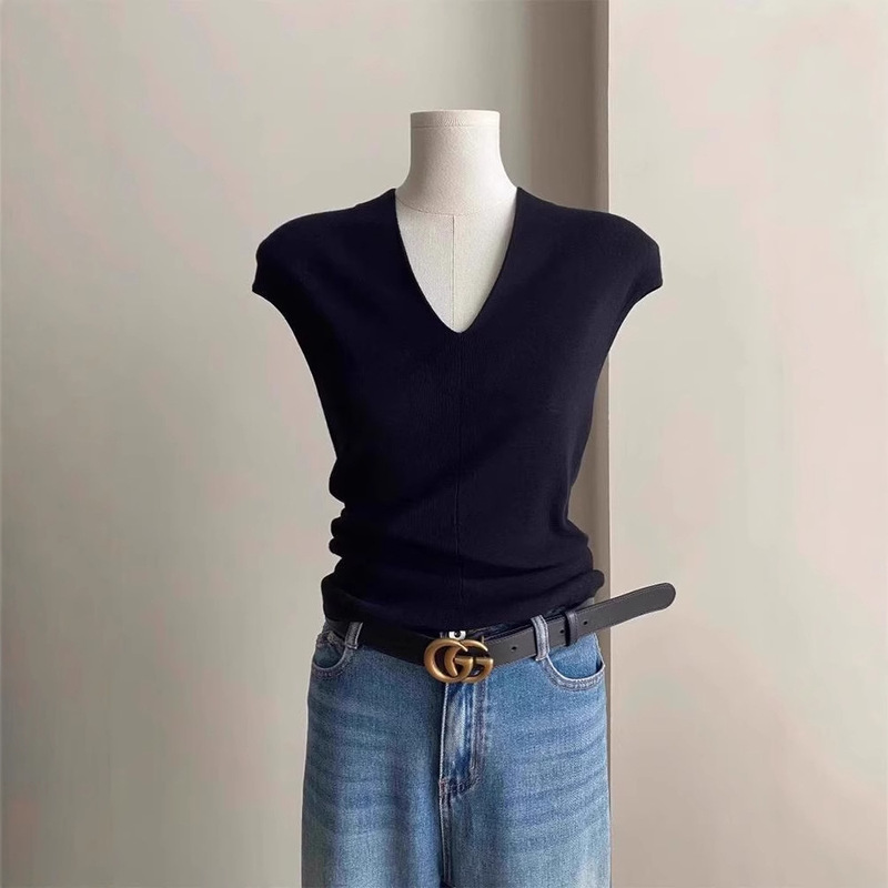 European-Style V-Neck Ice Silk Knitted Short-Sleeve T-Shirt for Women, 2026 New Summer Design, Slim Fit, Flattering, with Small Flutter Sleeves European-Style V-Neck Ice Silk Knitted Short-Sleeve T-Shirt for Women, 2026 New Summer Design, Slim Fit, Flattering, with Small Flutter Sleeves