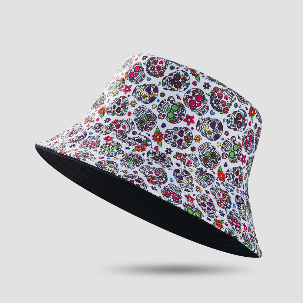 Skull Pattern European And American Halloween Personality Skull Bucket Hat Male Sun Protection Sun Hat Lady Graffiti Reversible Bucket Hat