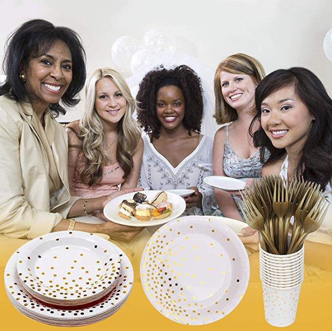 Nuevo punto bronceado tema blanco fiesta de cumpleaños decoración papel taza Placa de papel tejido fiesta de cumpleaños decoración