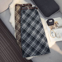 复古毛呢格子半身裙女2025冬后开叉高腰字裙中长款包臀一步裙
