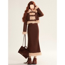 【莓可可】2024年秋冬季新款拼接毛呢套装 毛领外套+半身裙小众