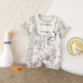 婴儿夏季连体衣新中式短袖新生儿哈衣中国风熊猫爬服宝宝外出服