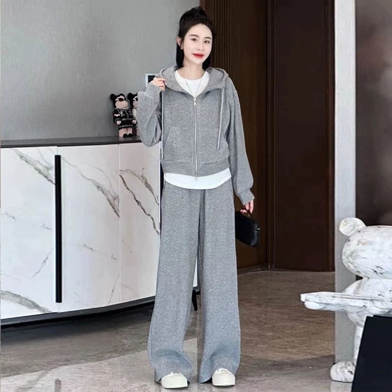 网红时尚运动服套装女秋冬加绒加厚连帽卫衣阔腿裤休闲两件套跑步|undefined
