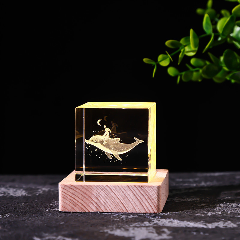Cubo de cristal decoración interruptor de luz cálida base de madera talla interior Luna Sistema Solar Galaxy decoración de escritorio regalo de niña