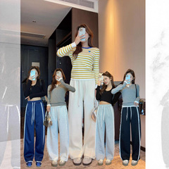 韩系蕾丝花边香蕉裤阔腿裤女秋冬新款休闲卫裤高腰显瘦直筒运动裤