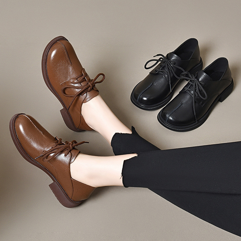 Genuine Leather Deep-Cut Single Shoes for Women, 2026 Spring and Autumn New Style, Flat Casual Leather Shoes, Brown Lace-Up Soft-Soled Spring Shoes for Women