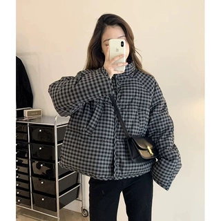 复古格子棉布棉服女2026冬新款短款立领宽松保暖棉服韩系外套百搭