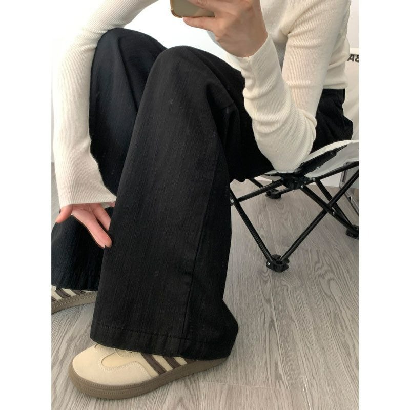 작은 미국 스타일 복고풍 검은 넓은 다리 높은 허리 청바지 가을 새로운 느슨한 슬리밍 스트레이트 바지