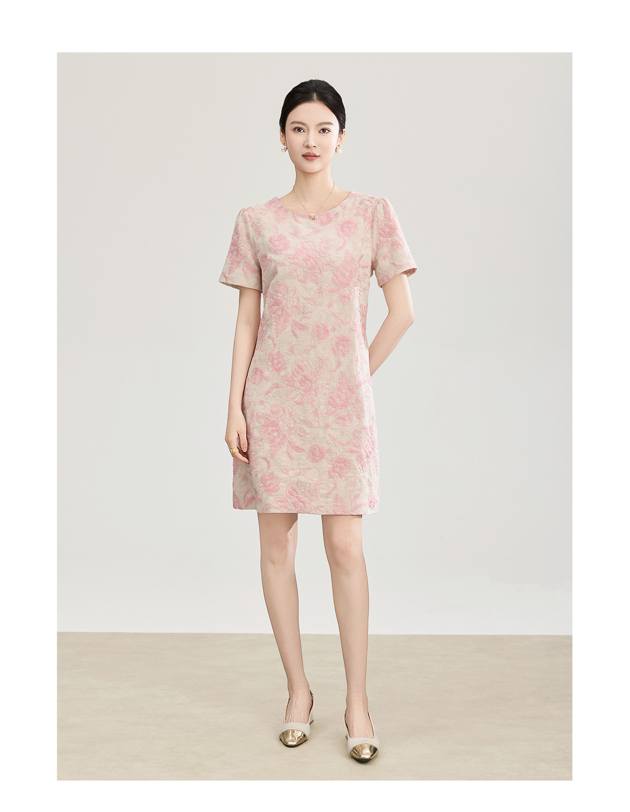 Đầm chữ A thêu jacquard tay ngắn mùa xuân hè — xanh lam chi tiết 12