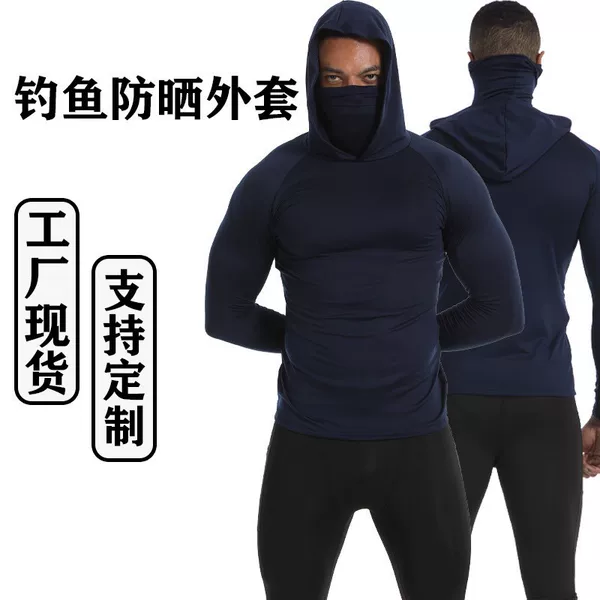Cross-Border In-Stock Outdoor Sun Protection Clothing for Summer, Men's Tight-Fitting Quick-Dry Fishing Sun Protection Clothing with Hooded Sun Protection Mask, Fishing Clothing