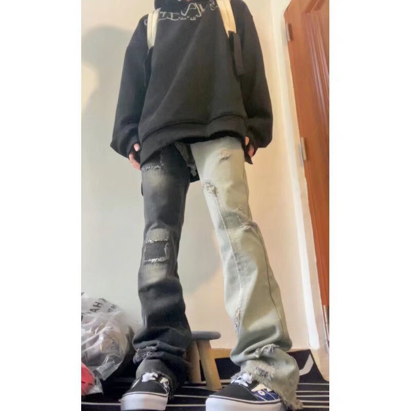 Patchwork Color Block Ripped Jeans For Men Spring And Autumn American High Street Style Slightly Flared Slim Straight_voghion.com