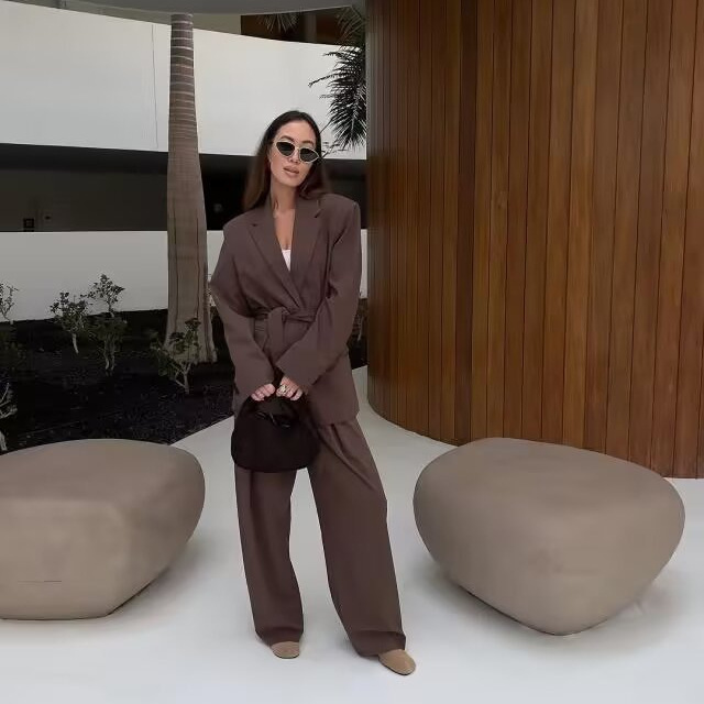 Cross-border European and American-style Women's Wear with Belt Straight Long-sleeved Casual Suit Jacket High Waist Elegant Casual Pants Cross-border European and American-style Women's Wear with Belt Straight Long-sleeved Casual Suit Jacket High Waist Elegant Casual Pants