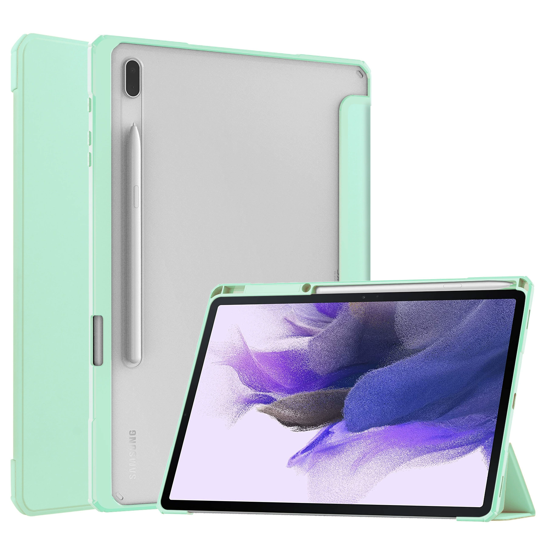 Подходит для Samsung TAB S7 FE трёхскладного чехла - S7 PLUS 2020, кожаный чехол с прозрачным слот-отделением для планшета, защитный чехол