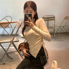 美式复古插肩长袖t恤女秋季短款修身紧身正肩早秋内搭打底衫上衣