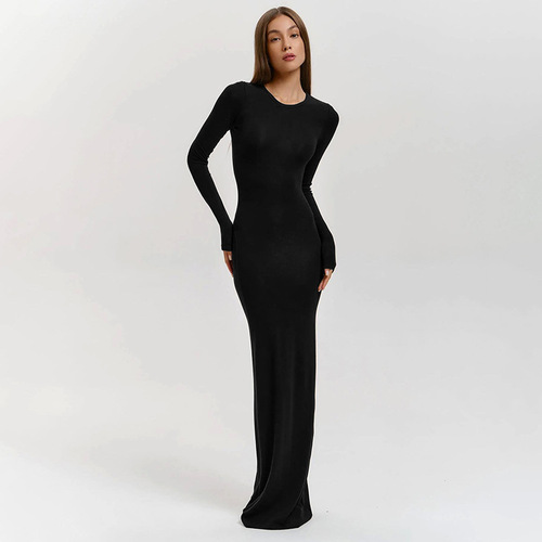 European and American autumn new women's solid-color round-neck long-sleeved basic long dress—wholesale for women