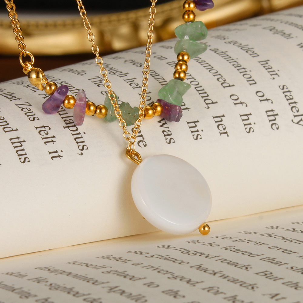 Double Layered Natural Stone Necklace With Octagonal Star Pendant_voghion.com