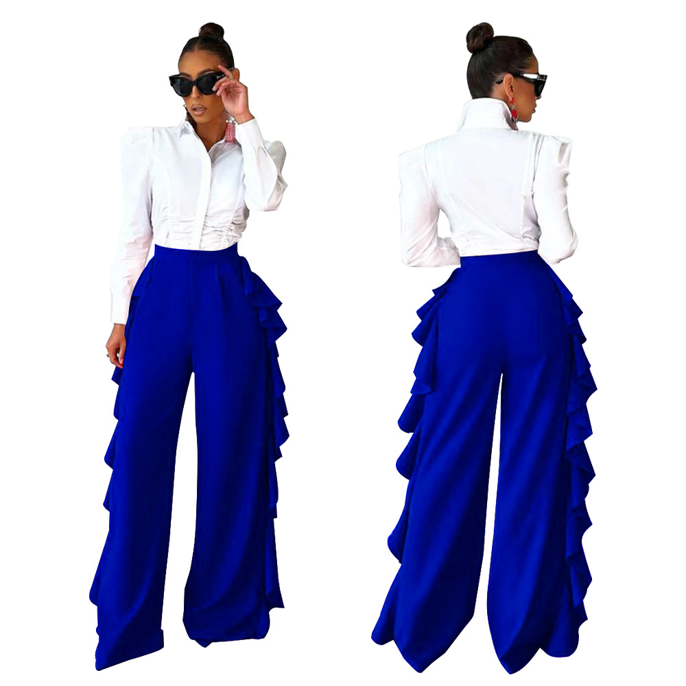 Women's Ruffled High-Waisted Wide Leg Pants Casual Formal High Waist Trousers For Spring Autumn Summer Regular Fit Polyester_ecoleips.com