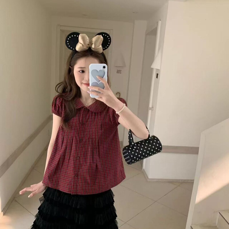 Sweet style plaid doll collar short-sleeve shirt for women, 2026 summer new model, petite girl's youthful doll shirt top Sweet style plaid doll collar short-sleeve shirt for women, 2026 summer new model, petite girl's youthful doll shirt top