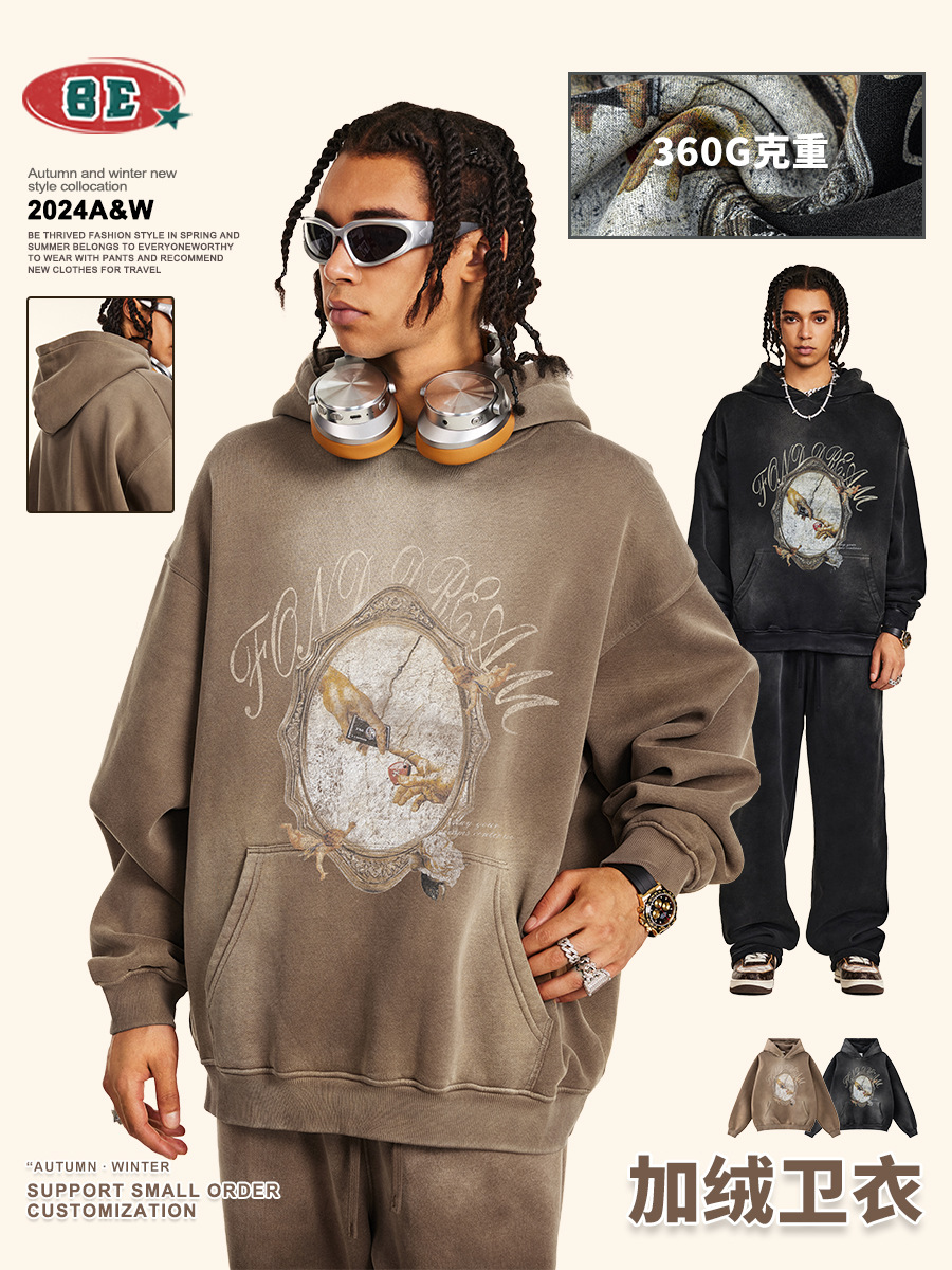 BE ropa de hombre | 2025 otoño más terciopelo engrosamiento marca de moda americana original lavado y viejo suéter con capucha para hombres y mujeres del mismo estilo image 3