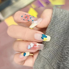 Cream Yellow Wide French Cute 3D Heart Blush Nail with Blue and White Heart Diamond Accents Nail Art Accents
