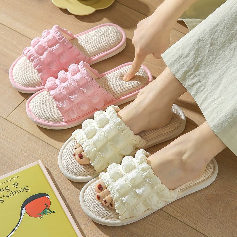 Новые весенне-осенние простые женские домашние хлопковые льняные тапочки, Нескользящие хлопковые открытые летние сандалии с пузырьками